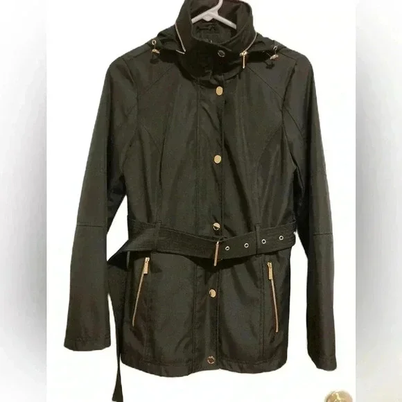 New Michael Kors Raincoat Womens w/ Belt Hideaway Zip Hood Black Sz. XS NWT - Picture 2 of 9